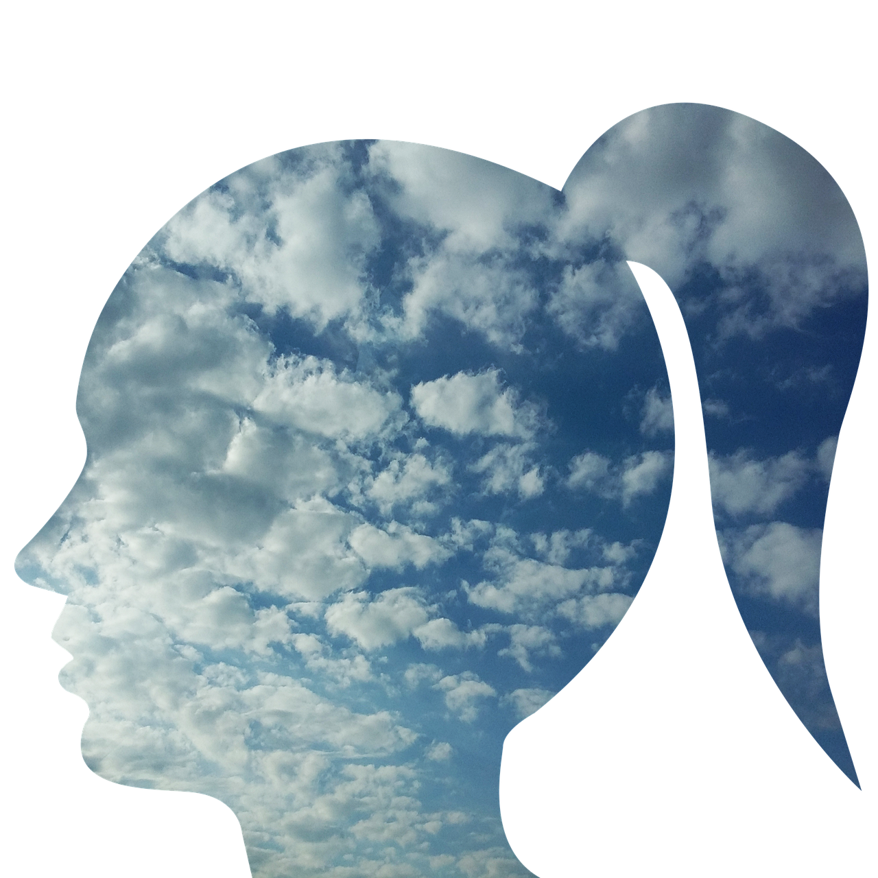 head, woman, person, people, face, profile, loneliness, happiness, thoughts, sky, clouds, nature, anxiety, confusion, mental confusion, psychology, to think, emotion, thought, mind